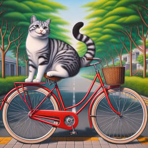 Domestic Short-Haired Cat on Red Bicycle | Lush Suburban Scene