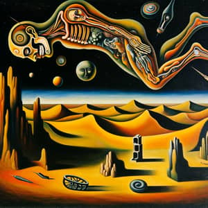 Surrealist Painting: Distorted Human Figure in Eerily Lit Desert