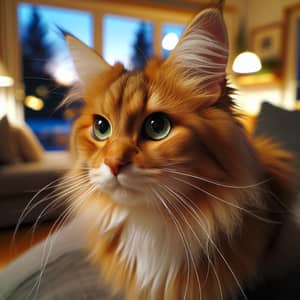 Short Bushy Orange Cat with Emerald Green Eyes in Cozy Setting