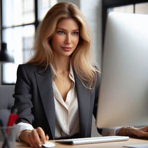 Russian Woman Working at Computer | Business Attire, Blonde Hair