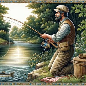 Tranquil Middle-Eastern Man Fishing by Calm River