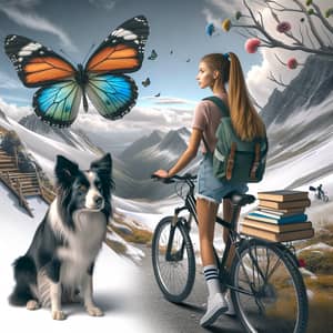 Female Student Cycling on Snow Mountain with Butterfly and Dog