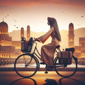 Omani Woman Riding to Work on Bike | Cityscape Silhouette