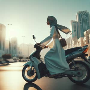 Omani Girl Riding Motor Bike in Traditional Dress