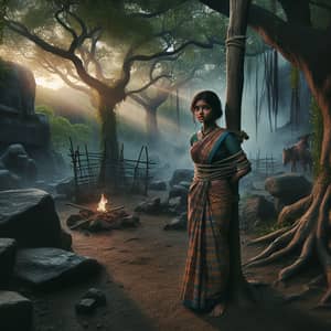 South Asian Girl Tied to Pole in Prehistoric Setting
