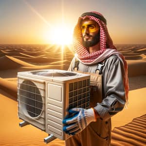 Middle-Eastern Man Installing Air Conditioner in Desert | Gold Sand Scene