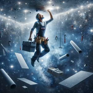 Celestial Construction: Man Mounting Drywall in Starry Night Sky