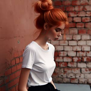 Stylish Woman with Orange Hair in White T-Shirt and Black Pants
