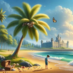 Serene Beach Scene with Palm Tree, Boy Collecting Seashells
