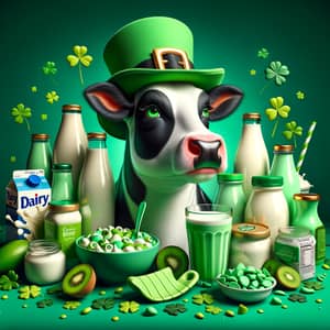 Whimsical Cow in Leprechaun Hat surrounded by Green Dairy Products