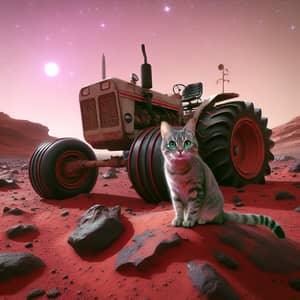 Curious Domestic Cat on a Red Tractor on Mars