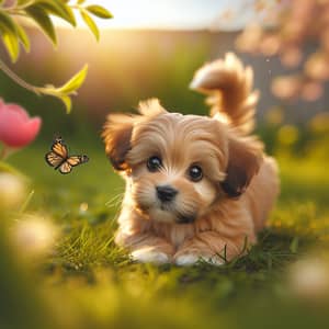 Playful Small Breed Puppy Chasing Butterfly in Lush Garden