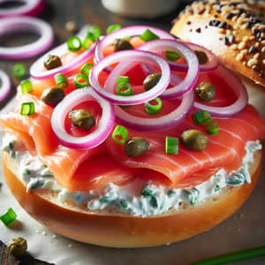Freshly Baked Bagel with Lox, Cream Cheese, Capers, and Onions