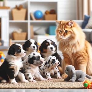 Female Cat Teaching Puppies: Nurturing Lessons in a Modern Living Room