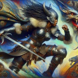 Fierce Female Viking in Vibrant Armor Battling Dragon