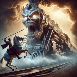 Hispanic Knight on Horseback vs. Scary Train: Fantasy Horror Scene