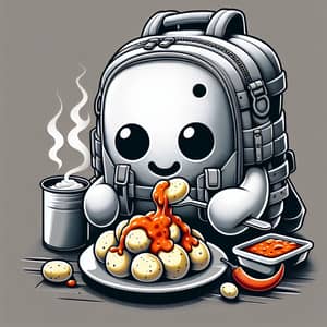 Backpack Eating Boiled Potatoes with Spicy Mojo Picon Sauce