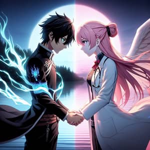 Anime Style Black-haired Male & Pink-haired Female Embrace Scene