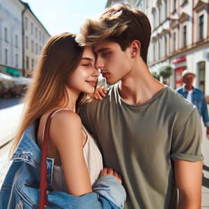 Young Couple Sharing Loving Kiss on Sunny Street | Adoration Moment