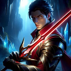 Epic Fantasy Warrior in Red Armor Holding Luminescent Sword