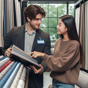 Curtain Shopping Assistance: Retail Store Salesperson Helping Customer