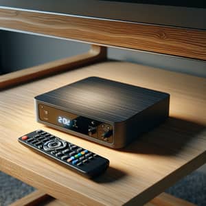 Realistic Cable Box on Woodgrain TV Stand