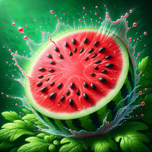 Juicy Watermelon Slice on Leafy Green Backdrop