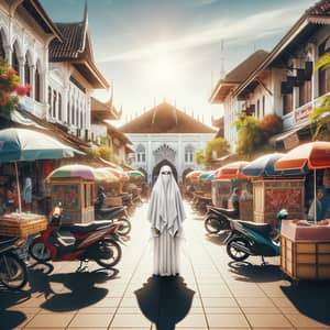 Muslim Girl in White Hijab Amidst Indonesian Town