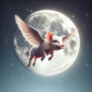 Pig Flying in Moon - Magical Scene of a Soaring Piglet