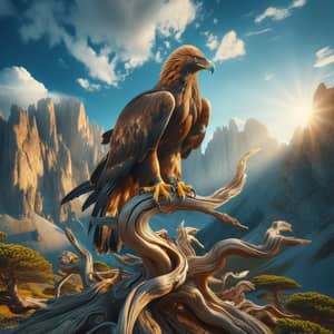 Golden Eagle Perched on Tree in Mountain Landscape