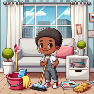 Happy African Boy Cleaning Room in Vector Illustration