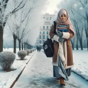 Muslim Student in Winter: Scholarly Pursuits in Snowy Landscape