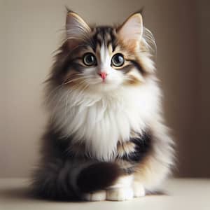Adorable Domestic Cat with Fluffy Black, White, and Grey Fur