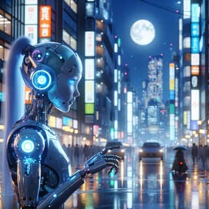 Cyborg Girl in Neon-Lit Metropolis at Night