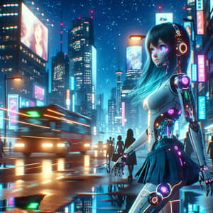 Cyborg Girl Walking in Futuristic City | Anime-Inspired Art