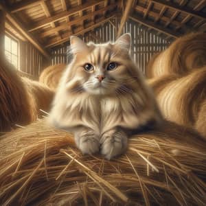 Realistic Style Cat Sitting on Haystack in Barn Photo