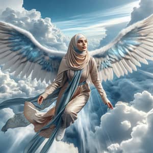 Middle-Eastern Woman Soaring with Wings in Cloudy Sky