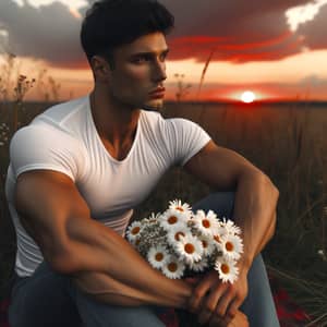 Serene Sunset Moment: Young Man with Daisies in Field