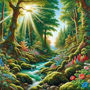 Tranquil Forest Scene with Azure Creek and Lively Birds