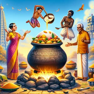 Traditional Pongal Harvest Festival Celebration in South India