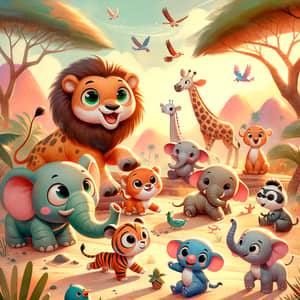 Whimsical Safari-Themed Nursery Art Illustration | Children's Book Style