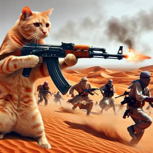 Tabby Cat with AK 47 Defends Against Desert Terrorists