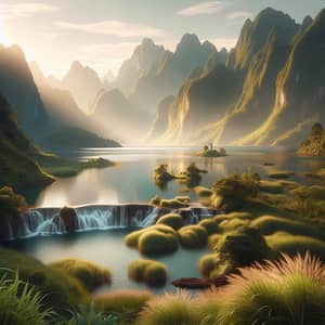 Tranquil Landscape with Large Lake & Waterfall | Spectacular Mountains