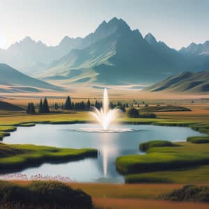 Tranquil Landscape with Lake, Fountain, Grasslands, and Mountains