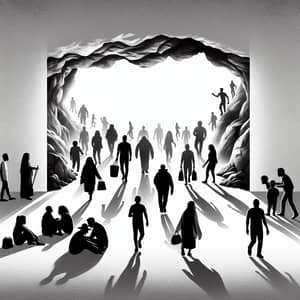 Captivating Shadows: Diverse Group Exiting Cavern in Minimalist Style
