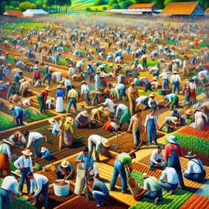 Vibrant Painting of Multicultural Farmers in a Bustling Farm Scene