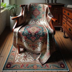 Intricate Silk Rug on Rustic Chair | Vibrant Teal, Burgundy, Gold
