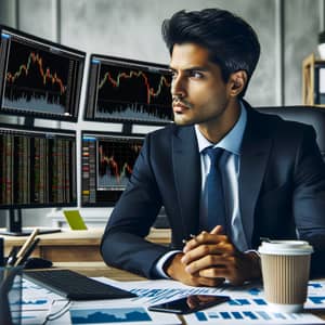 Professional South Asian Trader Analyzing Stock Market Data