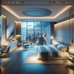 Luxurious and Modern Bedroom in Skyscraper with Panoramic Views