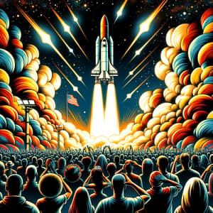 Epic Rocket Launch Illustration: Diverse Crowd Watches in Awe